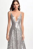 Sparkly Silver Deep V-Neck Sequined A-Line Formal Dress