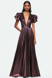 Metallic Satin Dark Purple A-Line Formal Dress with Short Ruffle Sleeves