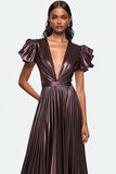 Metallic Satin Dark Purple A-Line Formal Dress with Short Ruffle Sleeves