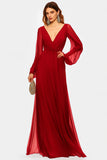 V-Neck Red Lantern Sleeves Chiffon Sheath Formal Dress