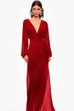 V-Neck Red Lantern Sleeves Chiffon Sheath Formal Dress