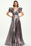 Taro Purple Pleated Metallic Satin A-Line Formal Dress with Short Ruffle Sleeves