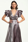 Taro Purple Pleated Metallic Satin A-Line Formal Dress with Short Ruffle Sleeves