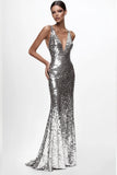 Sparkly Silver V-Neck Mermaid Sequined Formal Dress