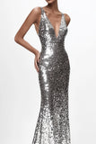 Sparkly Silver V-Neck Mermaid Sequined Formal Dress