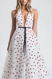 White V-Neck Heart Ball Gown Formal Dress with Sash