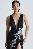 Sparkly Black Sequined Bodycon Formal Dress with Slit