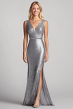 Silver V-Neck Sequined Sheath Formal Dress with Slit