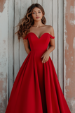 Red Off the Shoulder A-Line Satin Formal Dress