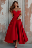 Red Off the Shoulder A-Line Satin Formal Dress