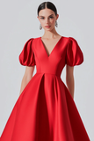 Red Knee Length A-Line Satin Formal Dress with Puff Sleeves