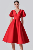 Red Knee Length A-Line Satin Formal Dress with Puff Sleeves