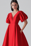 Red Knee Length A-Line Satin Formal Dress with Puff Sleeves