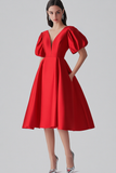 Red Knee Length A-Line Satin Formal Dress with Puff Sleeves