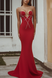 Red Strapless Corset Mermaid Beaded Formal Dress