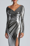 Metallic Silver V-Neck Sheath Formal Dress with Slit