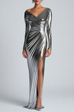 Metallic Silver V-Neck Sheath Formal Dress with Slit