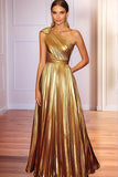 One Shoulder Golden Metallic Pleated A-Line Formal Dress