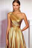 One Shoulder Golden Metallic Pleated A-Line Formal Dress