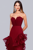 Burgundy Strapless Sweetheart Ruffled Sheath Formal Dress