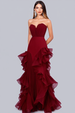 Burgundy Strapless Sweetheart Ruffled Sheath Formal Dress