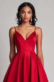 Red Satin A-Line Spaghetti Straps Tea Length Formal Dress