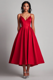 Red Satin A-Line Spaghetti Straps Tea Length Formal Dress