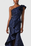 Navy One Shoulder Ruffled Mermaid Formal Dress with Slit