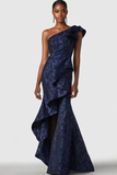 Navy One Shoulder Ruffled Mermaid Formal Dress with Slit