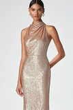 Cowl Neck Champagne Sequin Sheath Floor Length Formal Dress