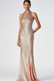 Cowl Neck Champagne Sequin Sheath Floor Length Formal Dress