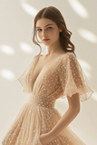 Apricot V-Neck Flare Sleeves Tulle Formal Dress