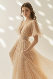 Apricot V-Neck Flare Sleeves Tulle Formal Dress