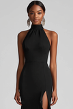 Black Halter Sheath Ruffled Formal Dress with Slit