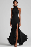 Black Halter Sheath Ruffled Formal Dress with Slit