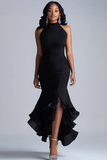 Elegant Black Halter Mermaid Ruffled Formal Dress