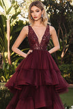 Deep V-Neck Tiered Burgundy Formal Dress