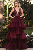 Deep V-Neck Tiered Burgundy Formal Dress