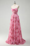 Blush Corset Floral Tiered A-Line Prom Dress with Slit