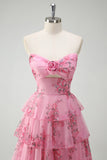 Blush Corset Floral Tiered A-Line Prom Dress with Slit