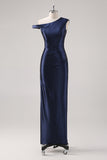 Navy One Shoulder Sheath Maxi Formal Dress with Rhinestones