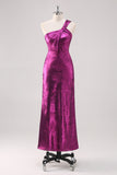 Fuchsia Metallic One Shoulder Sheath Tea Length Formal Dress