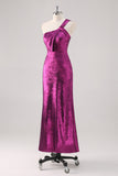 Fuchsia Metallic One Shoulder Sheath Tea Length Formal Dress