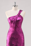 Fuchsia Metallic One Shoulder Sheath Tea Length Formal Dress