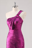 Fuchsia Metallic One Shoulder Sheath Tea Length Formal Dress