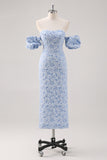 Blue Strapless Floral Printed Sheath Formal Dress with Detachable Sleeves