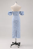 Blue Strapless Floral Printed Sheath Formal Dress with Detachable Sleeves