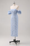 Blue Strapless Floral Printed Sheath Formal Dress with Detachable Sleeves