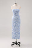 Blue Strapless Floral Printed Sheath Formal Dress with Detachable Sleeves