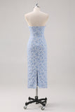 Blue Strapless Floral Printed Sheath Formal Dress with Detachable Sleeves